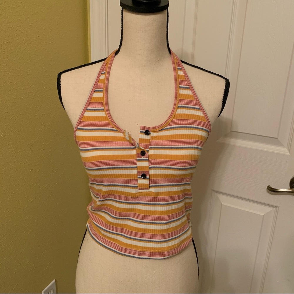 Shein Striped Button-Up Halter Crop Top (M)
